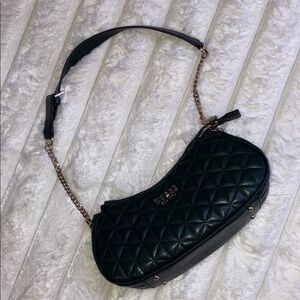 GUESS Black Quilted Crescent Shoulder Bag with Gold Hardware